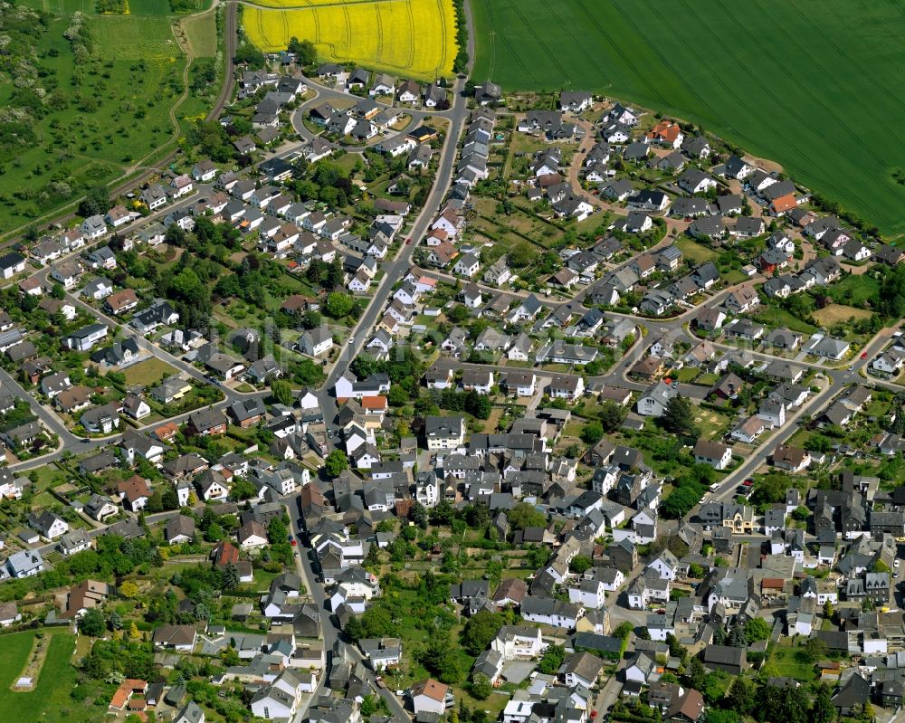 Kottenheim from above - View of Kottenheim in the state of Rhineland-Palatinate. The agricultural borough and municipiality is located in the county district of Mayen-Koblenz and surrounded by meadows and rapeseed fields. Kottenheim belongs to the Vordereifel region and is characterised by mining