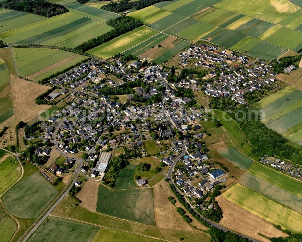 Landkern from above - View of Landkern in the state of Rhineland-Palatinate. The borough and municipiality is an official tourist resort and located in the county district of Cochem-Zell on the edge of the Endert valley. Landkern is surrounded by agricultural land and meadows and includes several small estates and hamlets