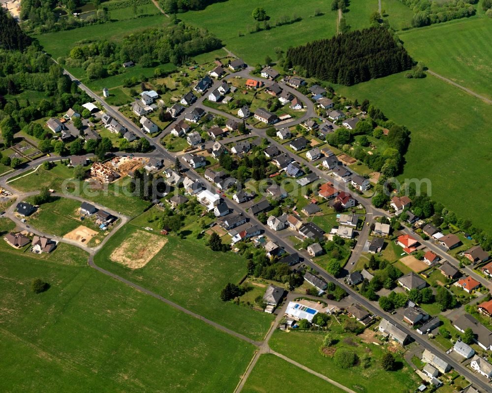 Aerial image Lautzenbrücken - View of the borough of Lautzenbruecken in the state of Rhineland-Palatinate. The borough is located in the county district and region of Westerwald. The residential village is surrounded by fields and meadows