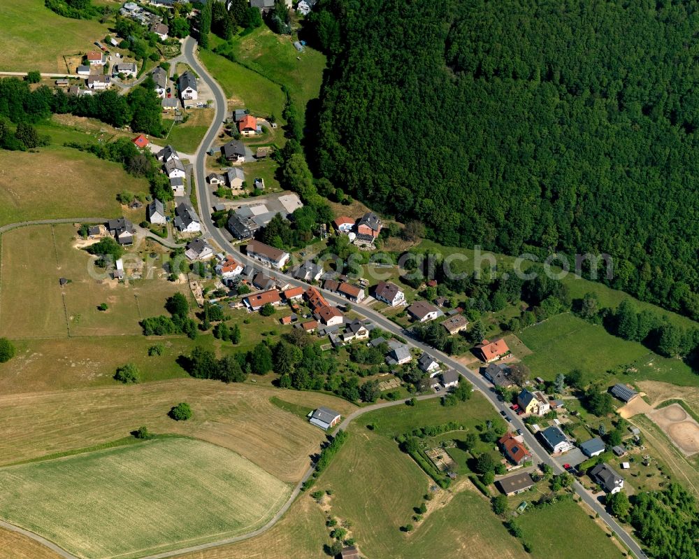 Leisel from above - View of Leisel in the state of Rhineland-Palatinate. The borough and municipiality is an official tourist resort and located in the county district of Birkenfeld, on Leiselbach creek on Idar forest in the Hunsrueck region. It is surrounded by agricultural land, meadows and forest 