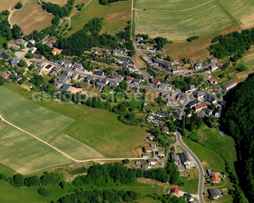 Leisel from the bird's eye view: View of Leisel in the state of Rhineland-Palatinate. The borough and municipiality is an official tourist resort and located in the county district of Birkenfeld, on Leiselbach creek on Idar forest in the Hunsrueck region. It is surrounded by agricultural land, meadows and forest 