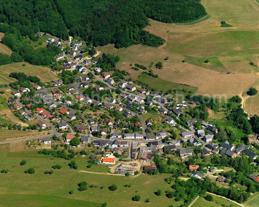 Aerial image Leisel - View of Leisel in the state of Rhineland-Palatinate. The borough and municipiality is an official tourist resort and located in the county district of Birkenfeld, on Leiselbach creek on Idar forest in the Hunsrueck region. It is surrounded by agricultural land, meadows and forest 