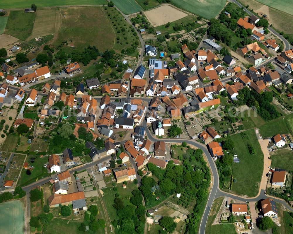 Aerial photograph Lettweiler - View of the borough and municipiality of Lettweiler in the state of Rhineland-Palatinate. The agricultural borough is located in the county district of Bad Kreuznach. Surrounded by fields, hills and forest, the village is located in the mountain range of Northern Palatinate. Lettweiler is widely known as a wine-growing town and is part of the wine-growing region of Nahe