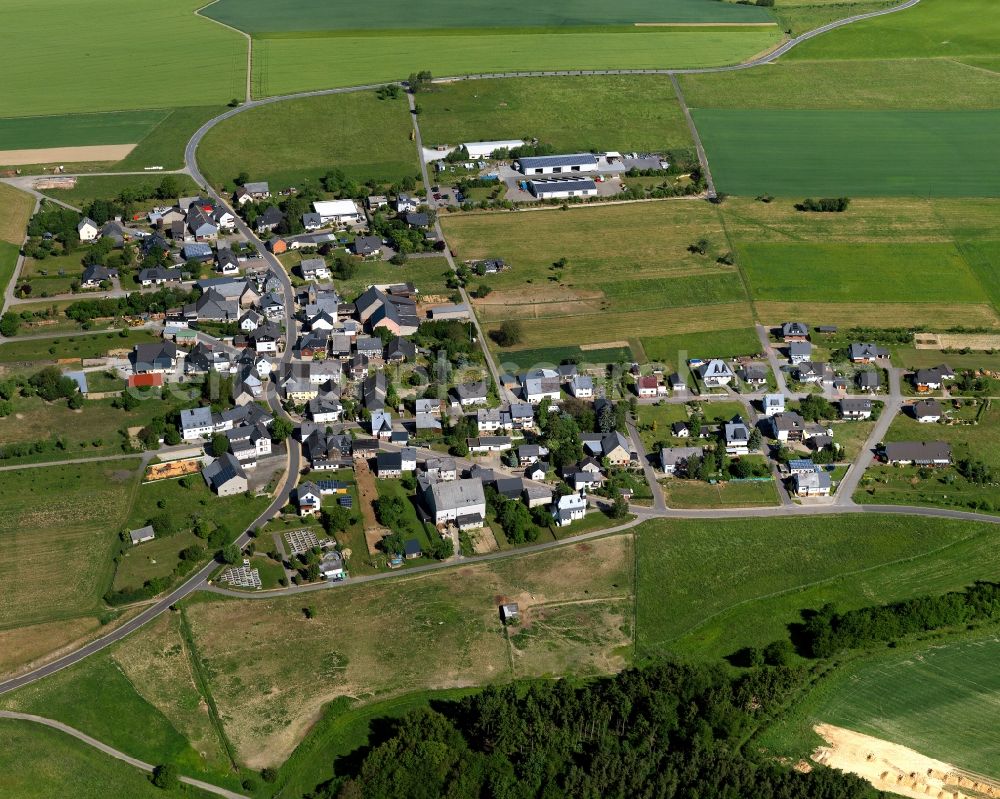 Aerial image Lindenschied - View of Lindenschied in the state of Rhineland-Palatinate. Lindenschied is located in the county district of Rhine-Hunsrueck. The borough and municipiality consists of residential areas and agricultural land and sits in the valley of the Kyrbach creek