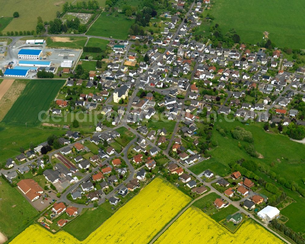 Marienrachdorf from the bird's eye view: View of the borough of Marienrachdorf in the state of Rhineland-Palatinate. The borough and municipiality is located in the county district of Westerwaldkreis. The official tourist resort consists of residential areas and is surrounded by rapeseed fields and meadows