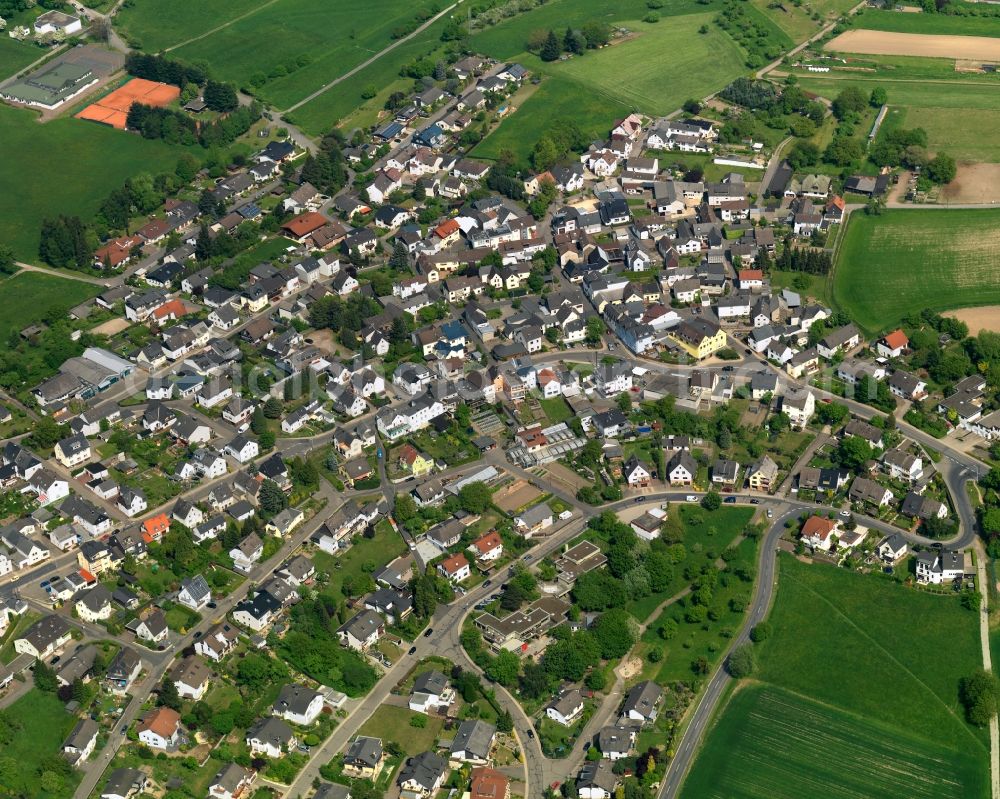 Melsbach from above - View of Melsbach in the state of Rhineland-Palatinate. The borough and municipiality is located in the county district of Neuwied, in the foothills of the Westerwald forest, in the Nature Park Rhine-Westerwald and in the area of the Neuwieder Becken. It consists of several single family houses and residential areas and is a rural locality