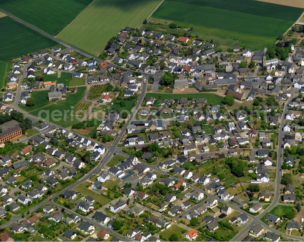 Aerial image Mertloch - View of Mertloch in the state of Rhineland-Palatinate. The agricultural borough and municipiality is located in the county district of Mayen-Koblenz and surrounded by meadows and rapeseed fields. Four hamlets belong to the borough area