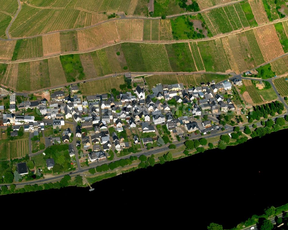 Aerial image Mesenich - View of the borough and municipiality of Mesenich in the state of Rhineland-Palatinate. The official tourist resort and wine-growing town is part of the Cochem-Zell county district and is located on the right riverbank of the Moselle