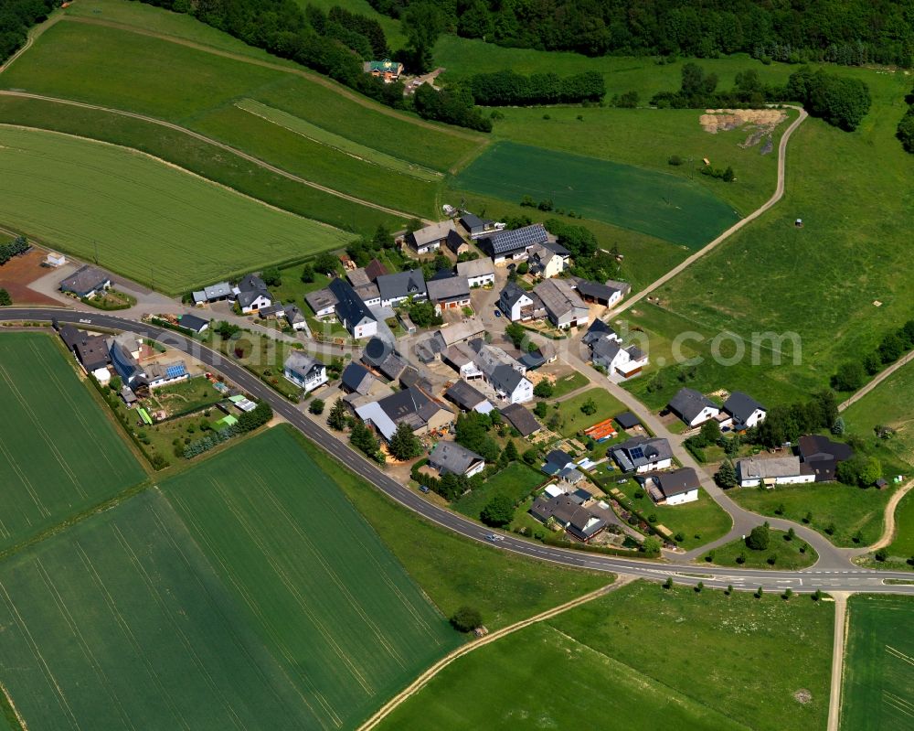 Aerial photograph Mühlpfad - View of the borough of Muehlpfad in the state of Rhineland-Palatinate. The borough and municipiality is located in the county district of Rhine-Hunsrueck, in the Hunsrueck region. The agricultural village consists of residential areas and is surrounded by fields and meadows. It is the smallest borough of the county district