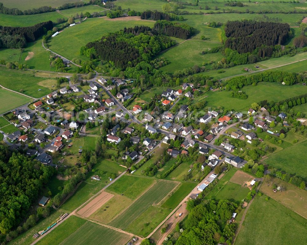 Mähren from above - View of Maehren in the state of Rhineland-Palatinate. The borough and municipiality is located in the county district of Westerwaldkreis and is a rural residential borough. Maehren is surrounded by agricultural land, hills and meadows