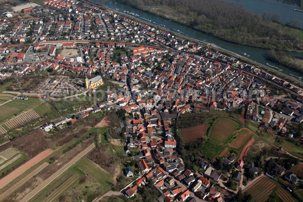 Nackenheim from the bird's eye view: View of Nackenheim in the state of Rhineland-Palatinate. The borough and municipiality is located in the county district of Mainz-Bingen, on the left riverbank of the Rhine. The official tourist resort is an important wine-growing village in the Rhine Hesse region and surrounded by fields and vineyards