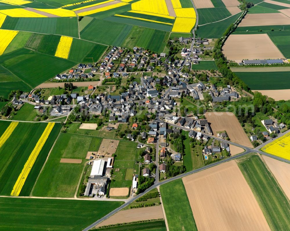 Naunheim from above - View of Naunheim in the state of Rhineland-Palatinate. The agricultural borough and municipiality is located in the county district of Mayen-Koblenz and surrounded by meadows and rapeseed fields. Naunheim is located in the Vordereifel Region, on the edge of the Elzbach valley