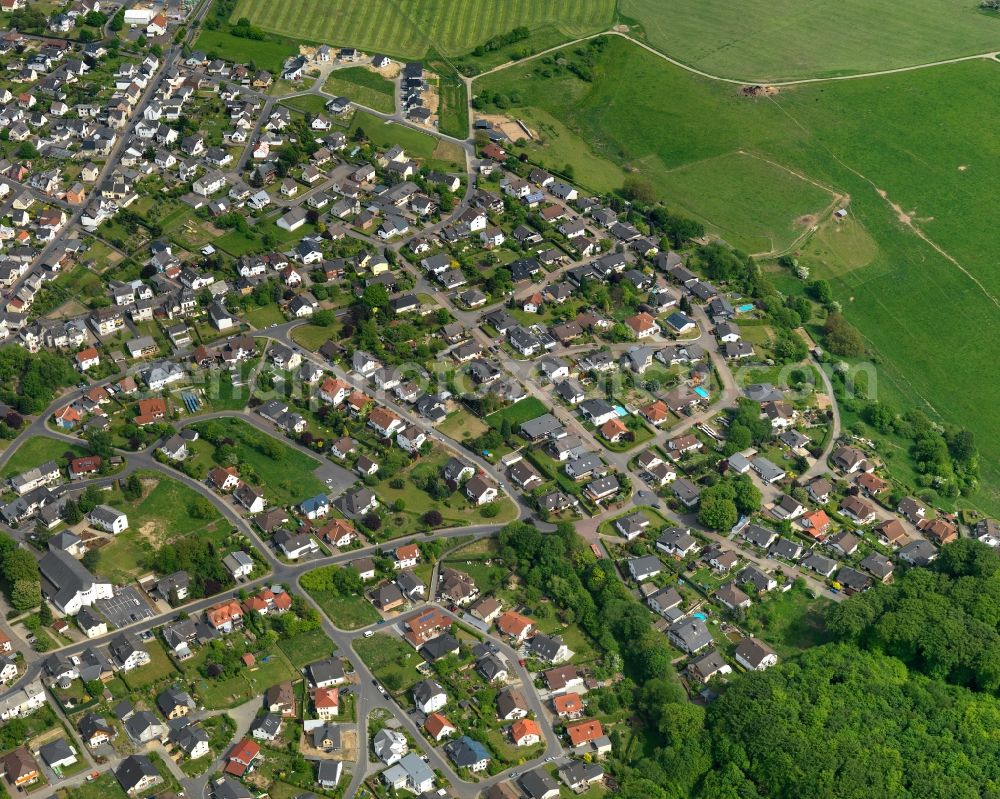 Nauort from above - View of Nauort in the state of Rhineland-Palatinate. The borough and municipiality is located in the county district of Westerwaldkreis in the low mountain range of Westerwald - the so called Kannenbaeckerland. Nauort is surrounded by agricultural land and meadows