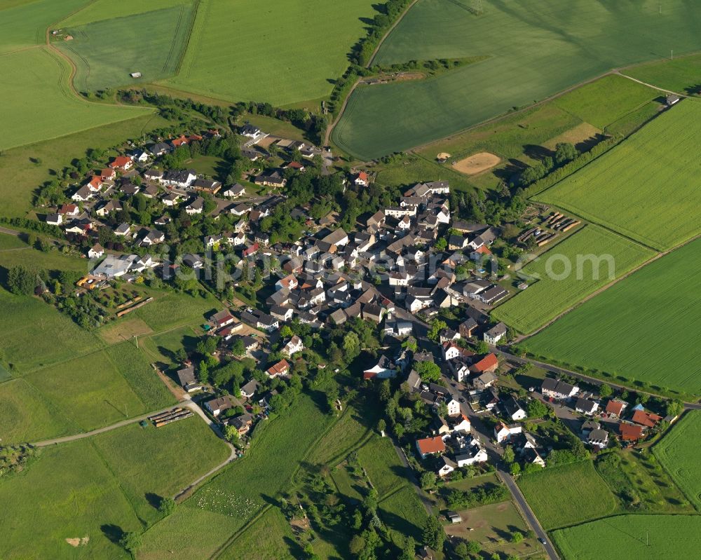 Netzbach from above - View of the borough of Netzbach in the state of Rhineland-Palatinate. The borough and municipiality is located in the county district of Rhine-Lahn. The agricultural village consists of residential buildings and areas and is surrounded by meadows and fields