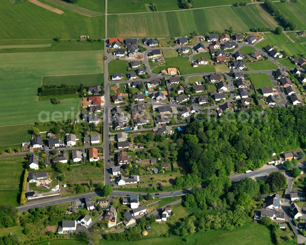 Niederahr from above - View of Niederahr in the state of Rhineland-Palatinate. The borough and municipiality is located in the county district of Westerwaldkreis in the low mountain range of Westerwald. Niederahr is surrounded by agricultural land, gravel pits and meadows and located on Ahrbach creek