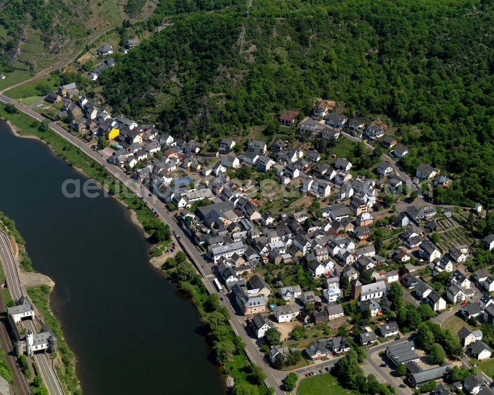 Niederfell from the bird's eye view: View of Niederfell in the state of Rhineland-Palatinate. The borough and municipiality is located in the county district of Mayen-Koblenz on the right riverbank of the river Moselle, surrounded by hills and vineyards. Niederfell is an official tourist resort in the Terrassenmosel region