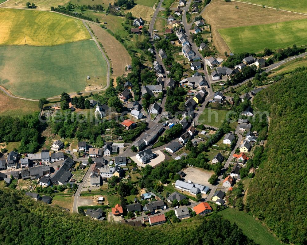 Niederhosenbach from the bird's eye view: View of Niederhosenbach in the state of Rhineland-Palatinate. The borough and municipiality is located in the county district of Birkenfeld, north of the river Nahe. It is surrounded by agricultural land, meadows and forest. Three hamlets belong to the historic town centre