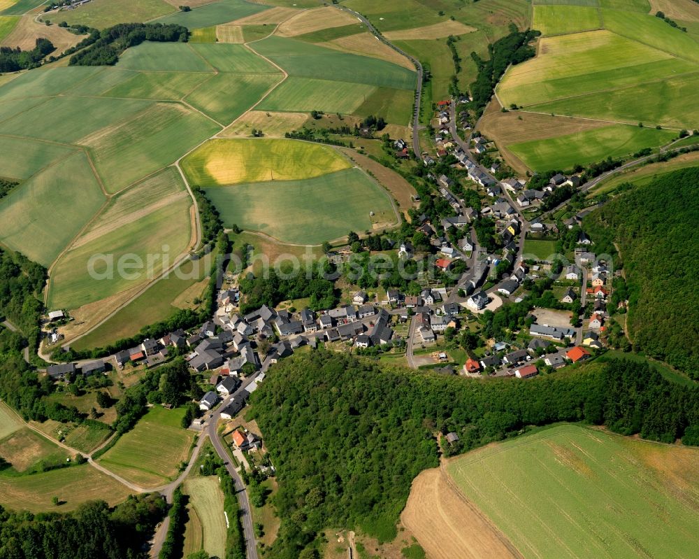 Aerial image Niederhosenbach - View of Niederhosenbach in the state of Rhineland-Palatinate. The borough and municipiality is located in the county district of Birkenfeld, north of the river Nahe. It is surrounded by agricultural land, meadows and forest. Three hamlets belong to the historic town centre