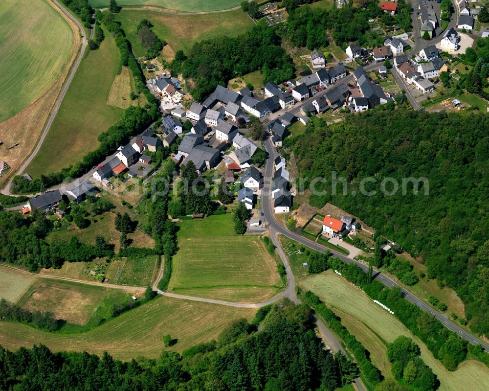 Aerial photograph Niederhosenbach - View of Niederhosenbach in the state of Rhineland-Palatinate. The borough and municipiality is located in the county district of Birkenfeld, north of the river Nahe. It is surrounded by agricultural land, meadows and forest. Three hamlets belong to the historic town centre