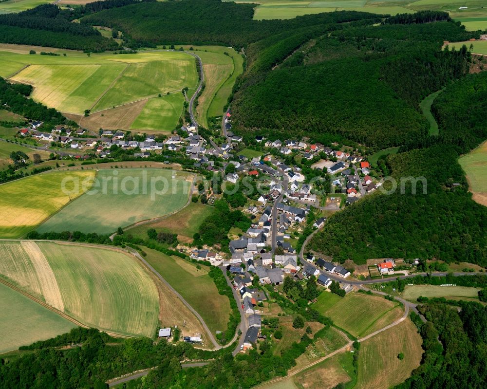 Niederhosenbach from above - View of Niederhosenbach in the state of Rhineland-Palatinate. The borough and municipiality is located in the county district of Birkenfeld, north of the river Nahe. It is surrounded by agricultural land, meadows and forest. Three hamlets belong to the historic town centre