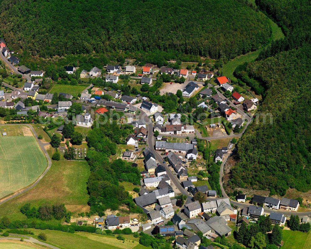 Niederhosenbach from the bird's eye view: View of Niederhosenbach in the state of Rhineland-Palatinate. The borough and municipiality is located in the county district of Birkenfeld, north of the river Nahe. It is surrounded by agricultural land, meadows and forest. Three hamlets belong to the historic town centre