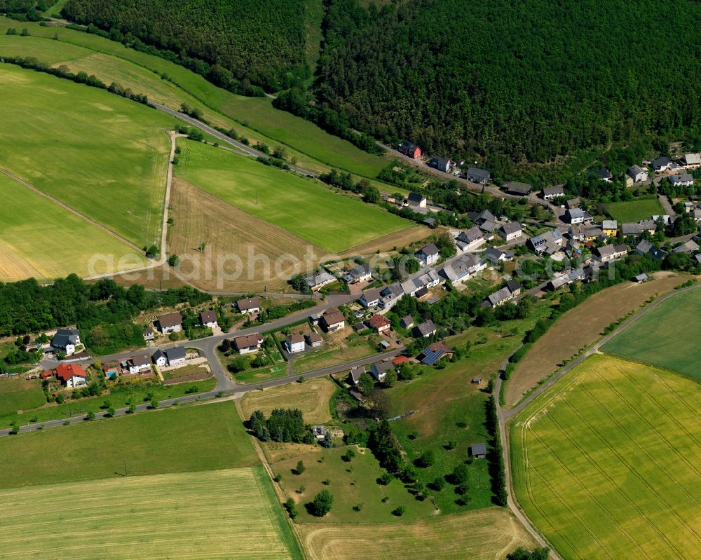 Aerial image Niederhosenbach - View of Niederhosenbach in the state of Rhineland-Palatinate. The borough and municipiality is located in the county district of Birkenfeld, north of the river Nahe. It is surrounded by agricultural land, meadows and forest. Three hamlets belong to the historic town centre