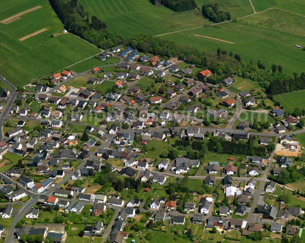 Niederroßbach from above - View of the borough of Niederrossbach in the state of Rhineland-Palatinate. The borough is located in the county district and region of Westerwald. The residential village is surrounded by fields and meadows