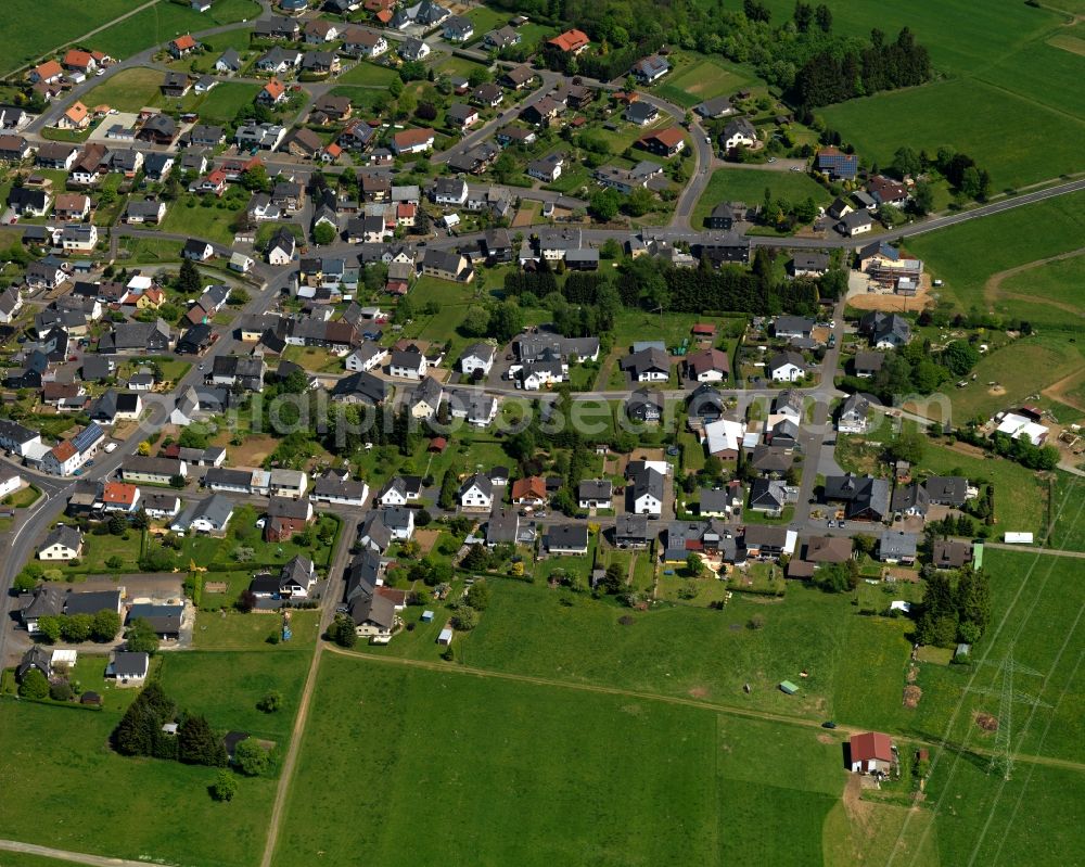 Niederroßbach from the bird's eye view: View of the borough of Niederrossbach in the state of Rhineland-Palatinate. The borough is located in the county district and region of Westerwald. The residential village is surrounded by fields and meadows