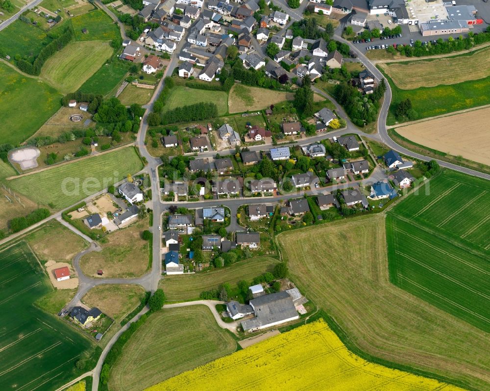 Niederwallmenach from the bird's eye view: View of the borough of Niederwallmenach in the state of Rhineland-Palatinate. The borough and municipiality is located in the county district of Rhine-Lahn, in the Taunus mountain region. The agricultural village consists of residential areas and is surrounded by rapeseed fields and meadows