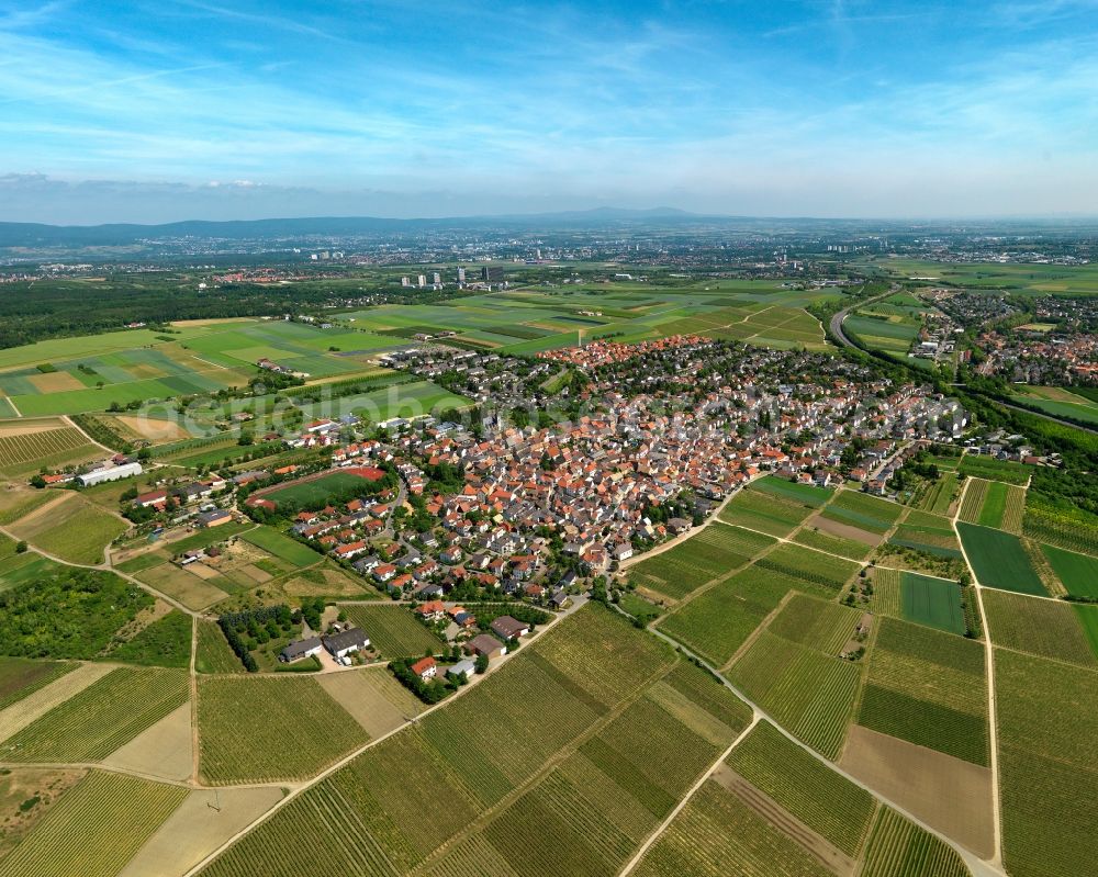 Ober-Olm from above - View of the borough of Ober-Olm in the state of Rhineland-Palatinate. The borough is located in the county district of Mainz-Bingen, on federal motorway A63. The residential village is surrounded by fields, vineyards and meadows