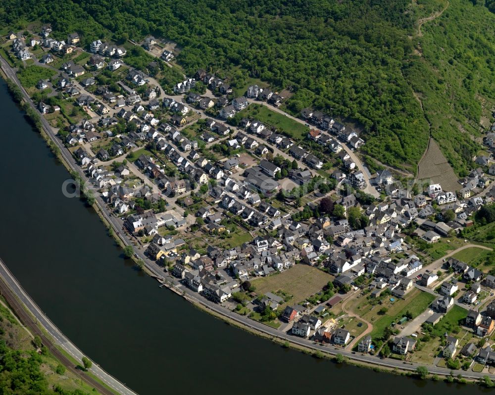 Aerial photograph Oberfell - View of Oberfell in the state of Rhineland-Palatinate. The borough and municipiality is located in the county district of Mayen-Koblenz on the right riverbank of the river Moselle, surrounded by hills and vineyards. Oberfell is an official tourist resort in the Terrassenmosel region