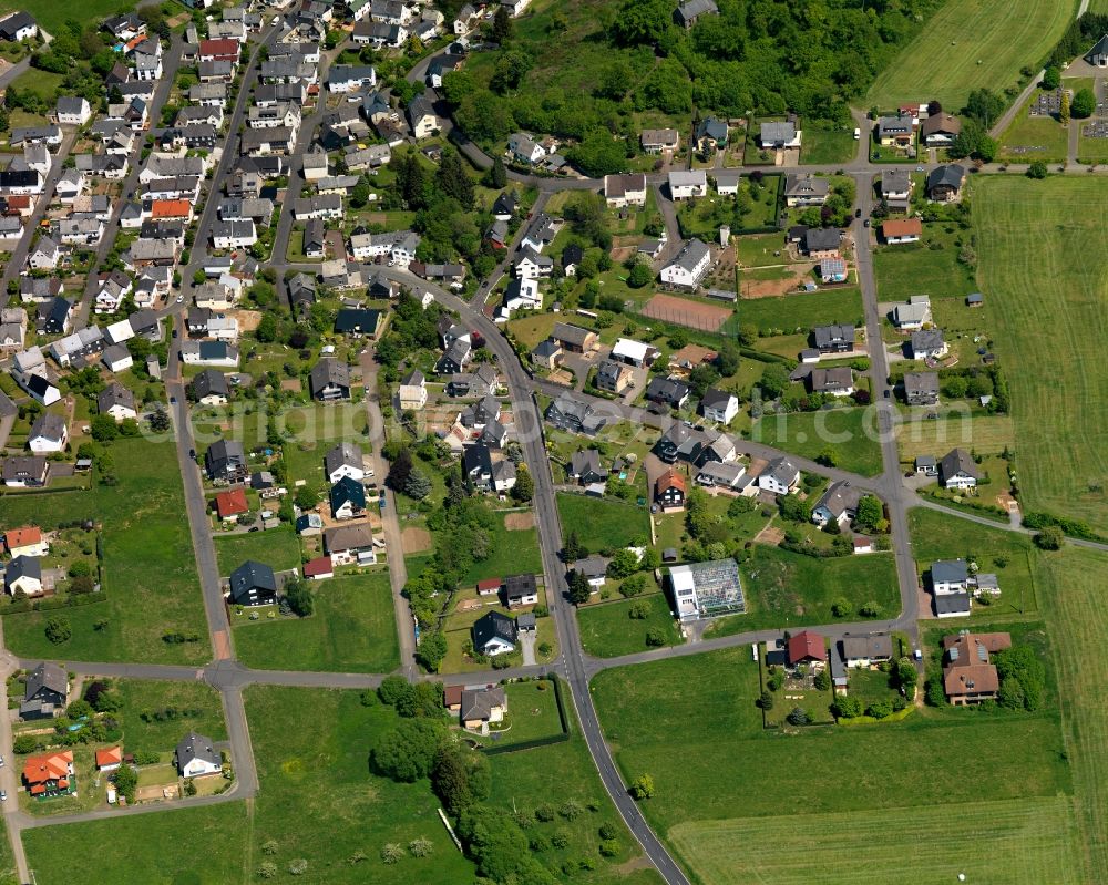 Oberrod from above - View of the borough of Oberrod in the state of Rhineland-Palatinate. The borough is located in the county district and region of Westerwald. The residential village is surrounded by fields and meadows