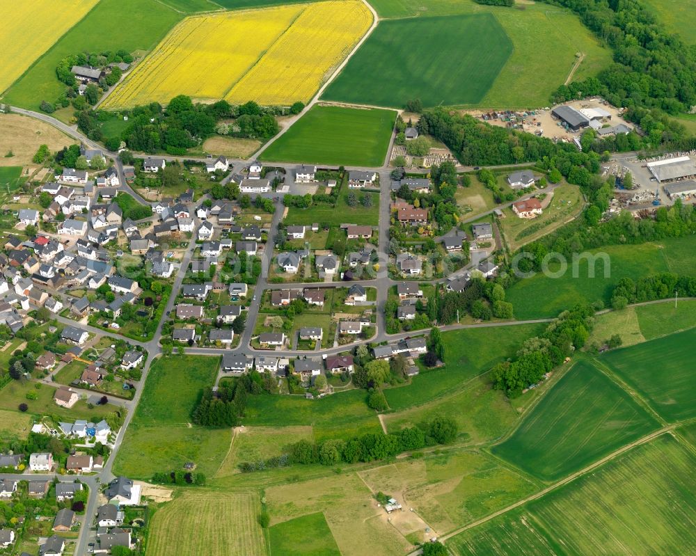 Aerial photograph Oelsberg - View of the borough of Oelsberg in the state of Rhineland-Palatinate. The borough and municipiality is located in the county district of Rhine-Lahn, in the North-Western Taunus mountain region. The agricultural village consists of residential areas and is surrounded by rapeseed fields and meadows