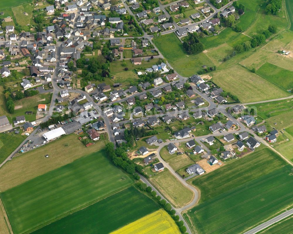 Oelsberg from the bird's eye view: View of the borough of Oelsberg in the state of Rhineland-Palatinate. The borough and municipiality is located in the county district of Rhine-Lahn, in the North-Western Taunus mountain region. The agricultural village consists of residential areas and is surrounded by rapeseed fields and meadows