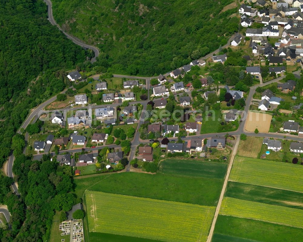 Patersberg from above - View of the borough of Patersberg in the state of Rhineland-Palatinate. The borough and municipiality is located in the county district of Rhine-Lahn, in the Taunus mountain region. The official spa resort is located on a crest and hill between forest and fields and consists largely of residential areas