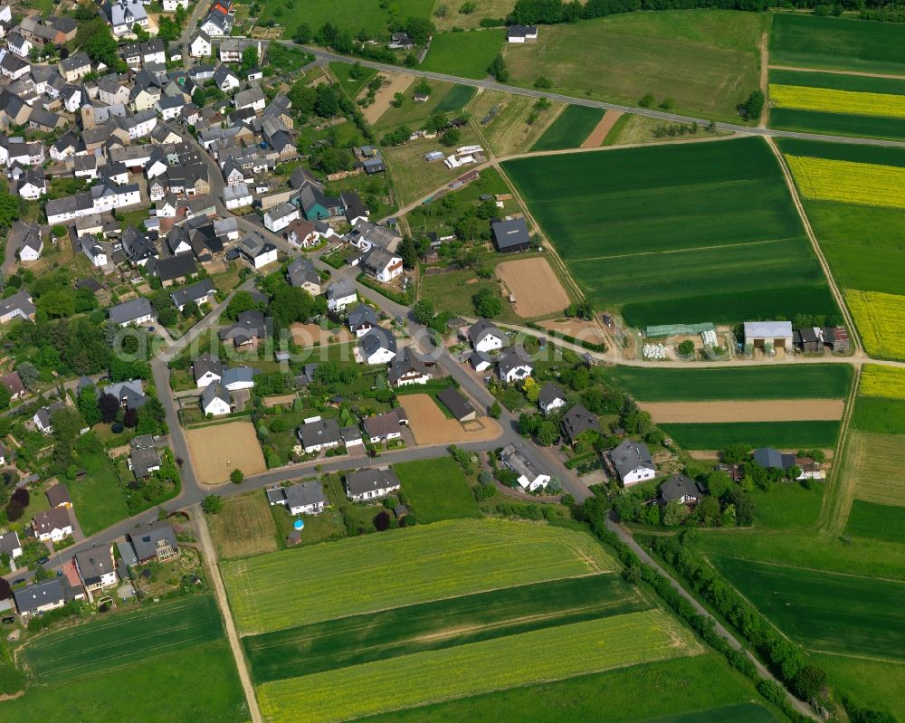 Patersberg from the bird's eye view: View of the borough of Patersberg in the state of Rhineland-Palatinate. The borough and municipiality is located in the county district of Rhine-Lahn, in the Taunus mountain region. The official spa resort is located on a crest and hill between forest and fields and consists largely of residential areas