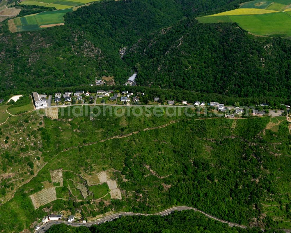 Patersberg from above - View of the borough of Patersberg in the state of Rhineland-Palatinate. The borough and municipiality is located in the county district of Rhine-Lahn, in the Taunus mountain region. The official spa resort is located on a crest and hill between forest and fields and consists largely of residential areas