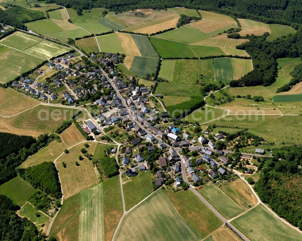 Aerial image Perscheid - View of the borough of Perscheid in the state Rhineland-Palatinate. Perscheid is a village in the county district of Rhine-Hunsrueck. It is located on a crest in the East of the Hunsrueck mountain range, surrounded by fields and forest