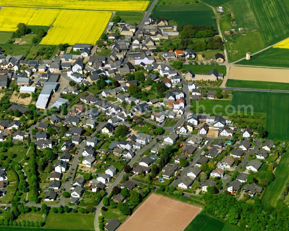 Aerial image Rüber - View of Rueber in the state of Rhineland-Palatinate. The agricultural borough and municipiality is located in the county district of Mayen-Koblenz and is surrounded by meadows and rapeseed fields