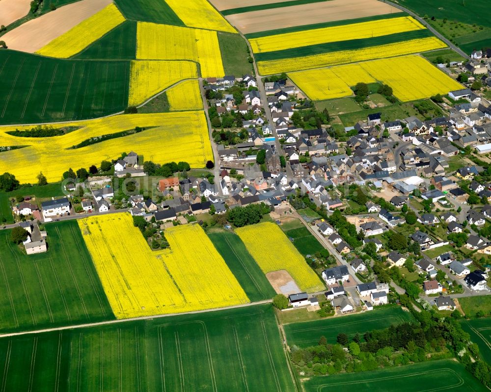 Rüber from above - View of Rueber in the state of Rhineland-Palatinate. The agricultural borough and municipiality is located in the county district of Mayen-Koblenz and is surrounded by meadows and rapeseed fields