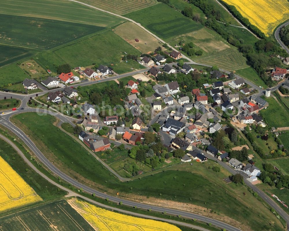 Aerial photograph Reckenroth - View of the borough of Reckenroth in the state of Rhineland-Palatinate. The borough and municipiality is located in the county district of Rhine-Lahn, in the Hintertaunus mountain region. The agricultural village consists of residential areas and is surrounded by rapeseed fields and meadows