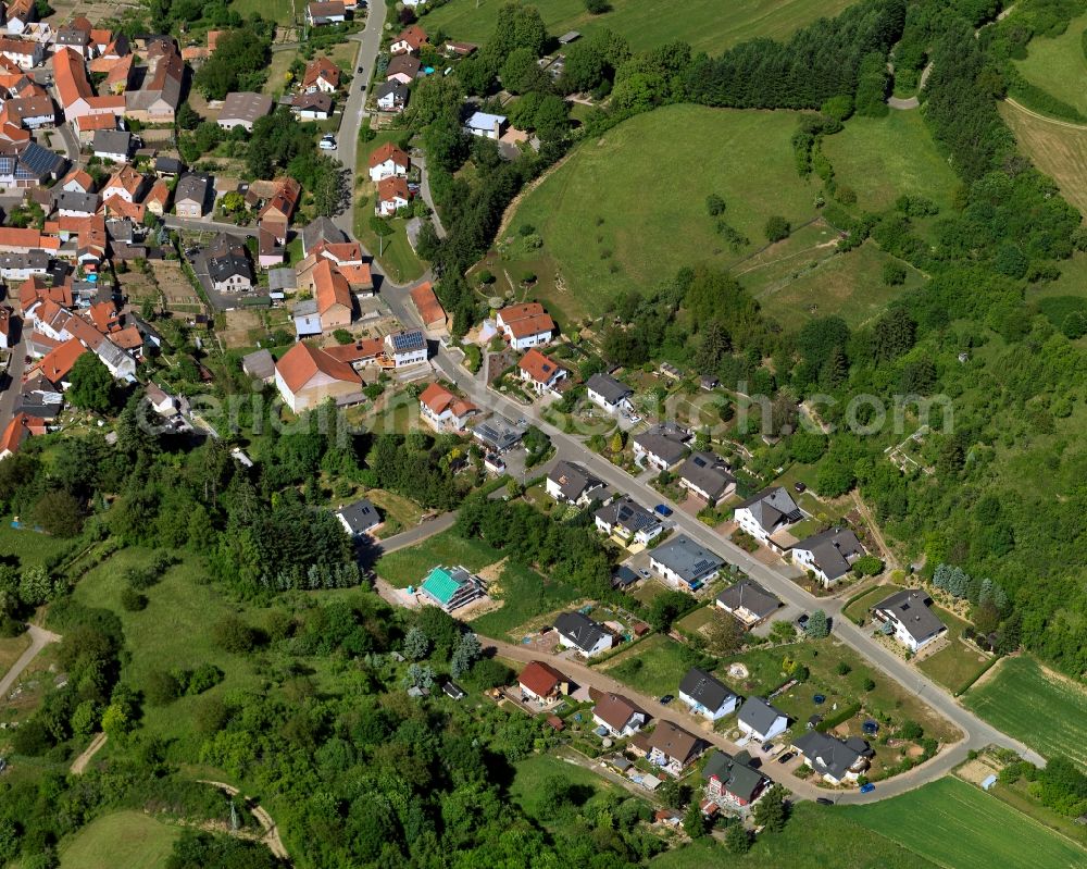 Aerial image Rehborn - View of the borough and municipiality of Rehborn in the state of Rhineland-Palatinate. The agricultural borough is located in the county district of Bad Kreuznach. Surrounded by fields and forest, the village is located on the riverbank of the Glan river