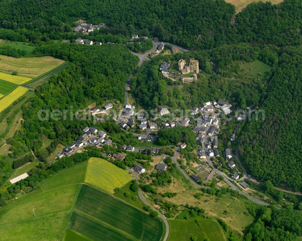 Reichenberg from the bird's eye view: View of the borough of Reichenberg in the state of Rhineland-Palatinate. The borough and municipiality is located in the county district of Rhine-Lahn, in the Taunus mountain region. The agricultural village consists of residential areas and is surrounded by forest and meadows. It is located in a valley around Castle Reichenberg