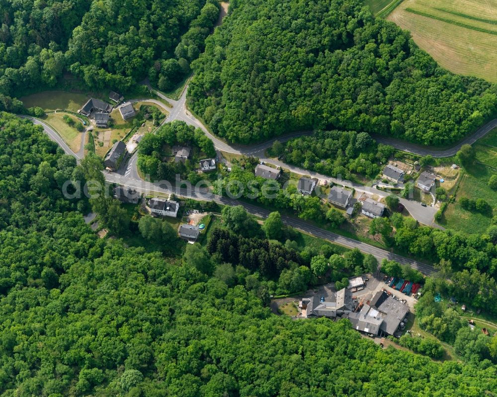 Aerial image Reichenberg - View of the borough of Reichenberg in the state of Rhineland-Palatinate. The borough and municipiality is located in the county district of Rhine-Lahn, in the Taunus mountain region. The agricultural village consists of residential areas and is surrounded by forest and meadows. It is located in a valley around Castle Reichenberg