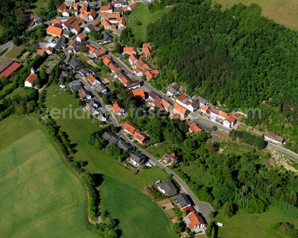 Aerial image Reiffelbach - View of the borough and municipiality of Reiffelbach in the state of Rhineland-Palatinate. The agricultural borough is located in the county district of Bad Kreuznach. Surrounded by fields, hills and forest, the village is located in the mountain range of Northern Palatinate - in the valley of the Reiffelbach creek