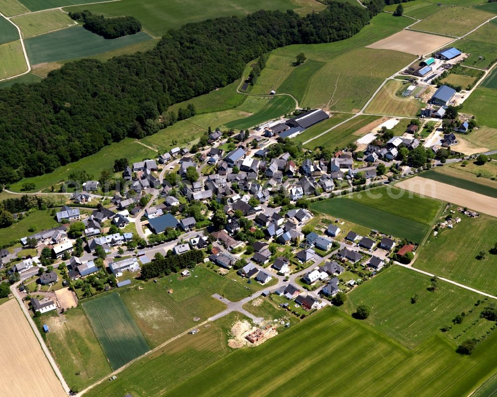 Aerial photograph Roth - View of the borough of Roth in the state of Rhineland-Palatinate. The borough and municipiality is located in the county district of Rhine-Hunsrueck, in the Hunsrueck region. The agricultural village consists of residential areas and is surrounded by fields and meadows. It sits on a forest on Unterbach creek