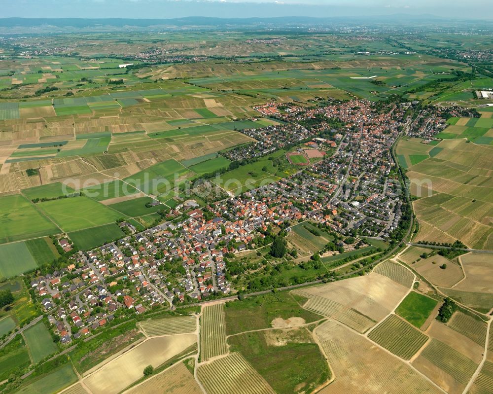 Saulheim from above - View of the borough of Saulheim in the state of Rhineland-Palatinate. The borough is located in the county district of Alzey-Worms. The residential village is surrounded by fields, vineyards and meadows