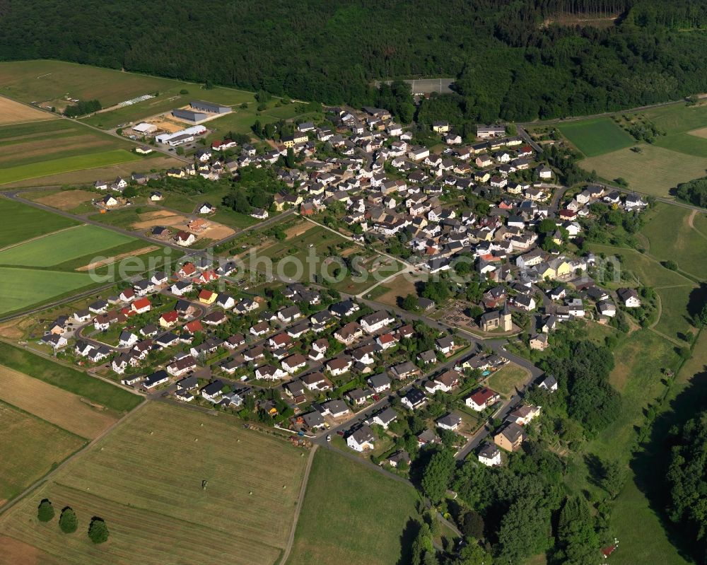 Schönborn from above - View of the borough of Schoenborn in the state of Rhineland-Palatinate. The borough and municipiality is located in the county district of Rhine-Lahn. The village consists of residential buiildings and areas and is surrounded by forest and fields