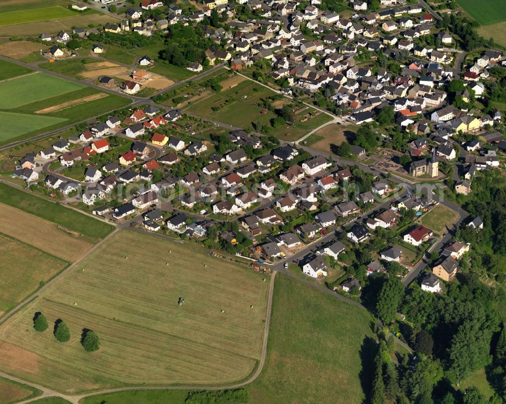 Schönborn from the bird's eye view: View of the borough of Schoenborn in the state of Rhineland-Palatinate. The borough and municipiality is located in the county district of Rhine-Lahn. The village consists of residential buiildings and areas and is surrounded by forest and fields