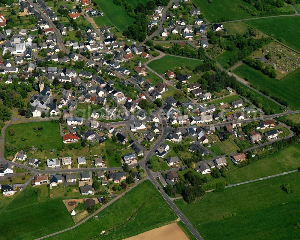 Seck from above - View of the borough of Seck in the state of Rhineland-Palatinate. The borough is located in the county district and region of Westerwald. The residential village is surrounded by fields and meadows